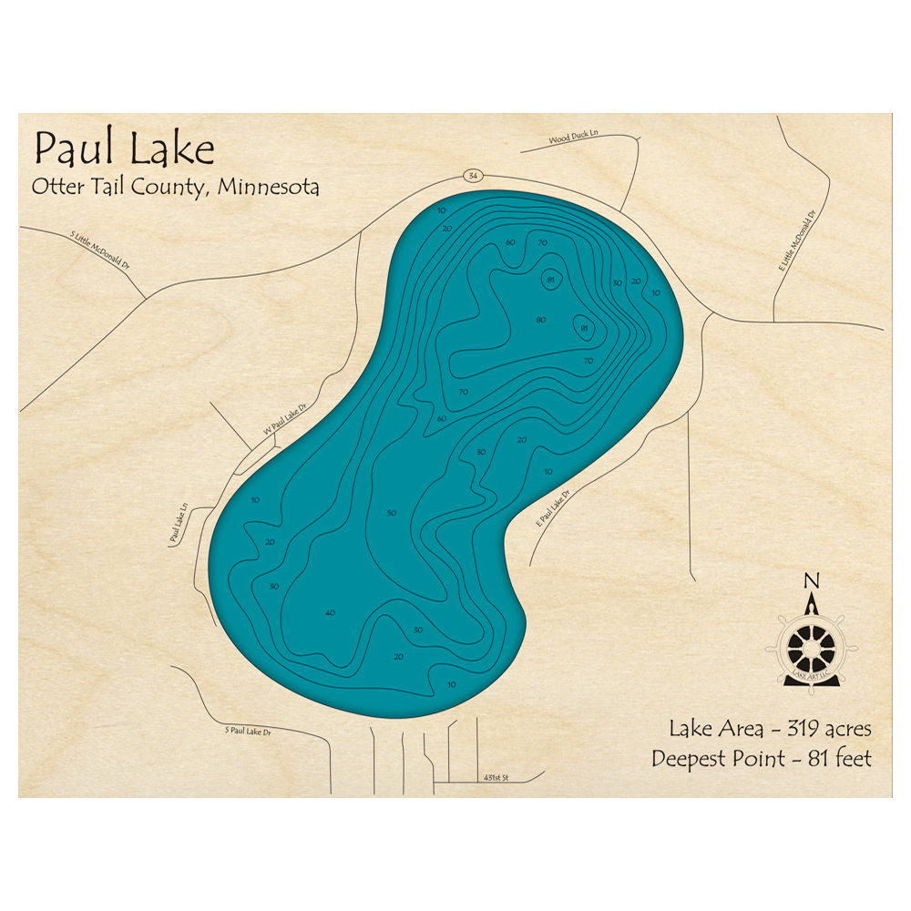 Bathymetric topo map of Paul Lake, MN with roads, towns and depths noted in blue water.