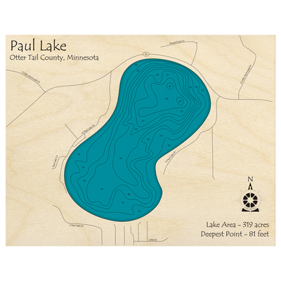 Bathymetric topo map of Paul Lake, MN with roads, towns and depths noted in blue water.