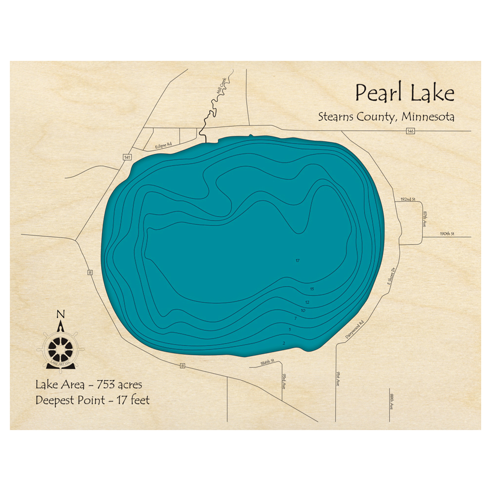 Bathymetric topo map of Pearl Lake, MN with roads, towns and depths noted in blue water.