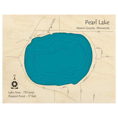 Bathymetric topo map of Pearl Lake, MN with roads, towns and depths noted in blue water.