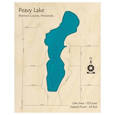 Bathymetric topo map of Peavy Lake, MN with roads, towns and depths noted in blue water.