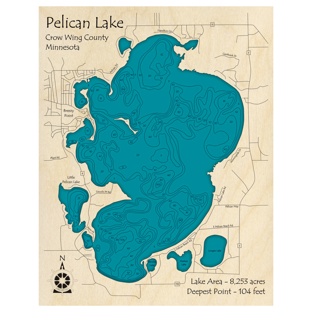 Bathymetric topo map of Pelican Lake, MN with roads, towns and depths noted in blue water.