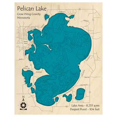 Bathymetric topo map of Pelican Lake, MN with roads, towns and depths noted in blue water.