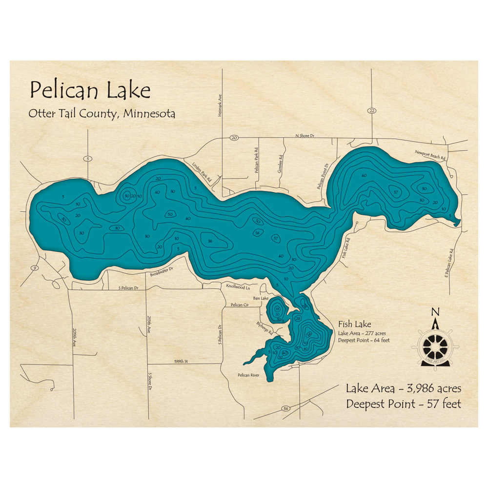 Bathymetric topo map of Pelican Lake, MN with roads, towns and depths noted in blue water.