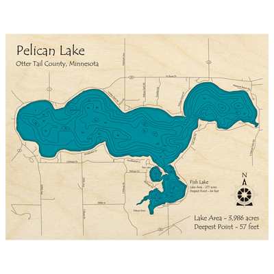 Bathymetric topo map of Pelican Lake, MN with roads, towns and depths noted in blue water.