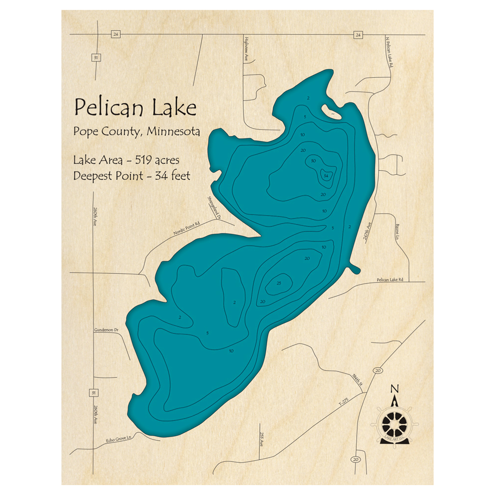 Bathymetric topo map of Pelican Lake, MN with roads, towns and depths noted in blue water.