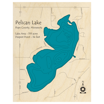 Bathymetric topo map of Pelican Lake, MN with roads, towns and depths noted in blue water.