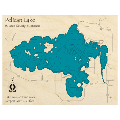 Bathymetric topo map of Pelican Lake, MN with roads, towns and depths noted in blue water.
