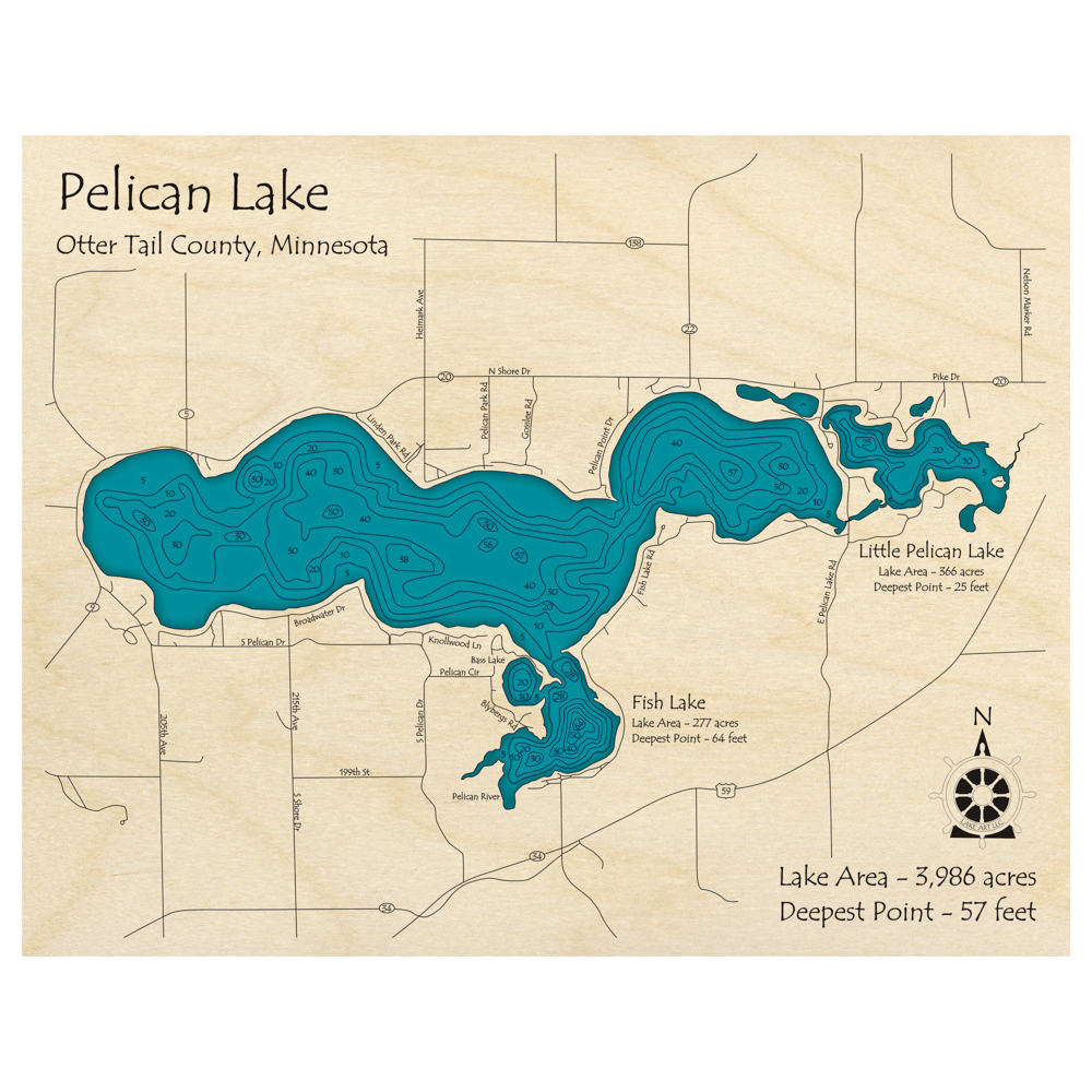Bathymetric topo map of Pelican Lake and Little Pelican Lake, MN with roads, towns and depths noted in blue water.