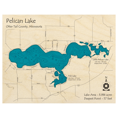 Bathymetric topo map of Pelican Lake and Little Pelican Lake, MN with roads, towns and depths noted in blue water.