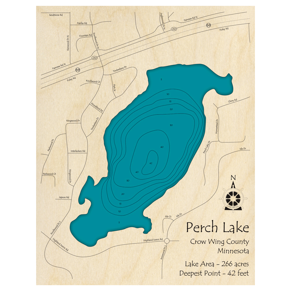 Bathymetric topo map of Perch Lake, MN with roads, towns and depths noted in blue water.
