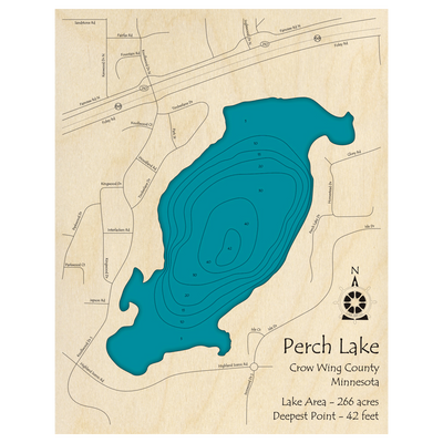 Bathymetric topo map of Perch Lake, MN with roads, towns and depths noted in blue water.