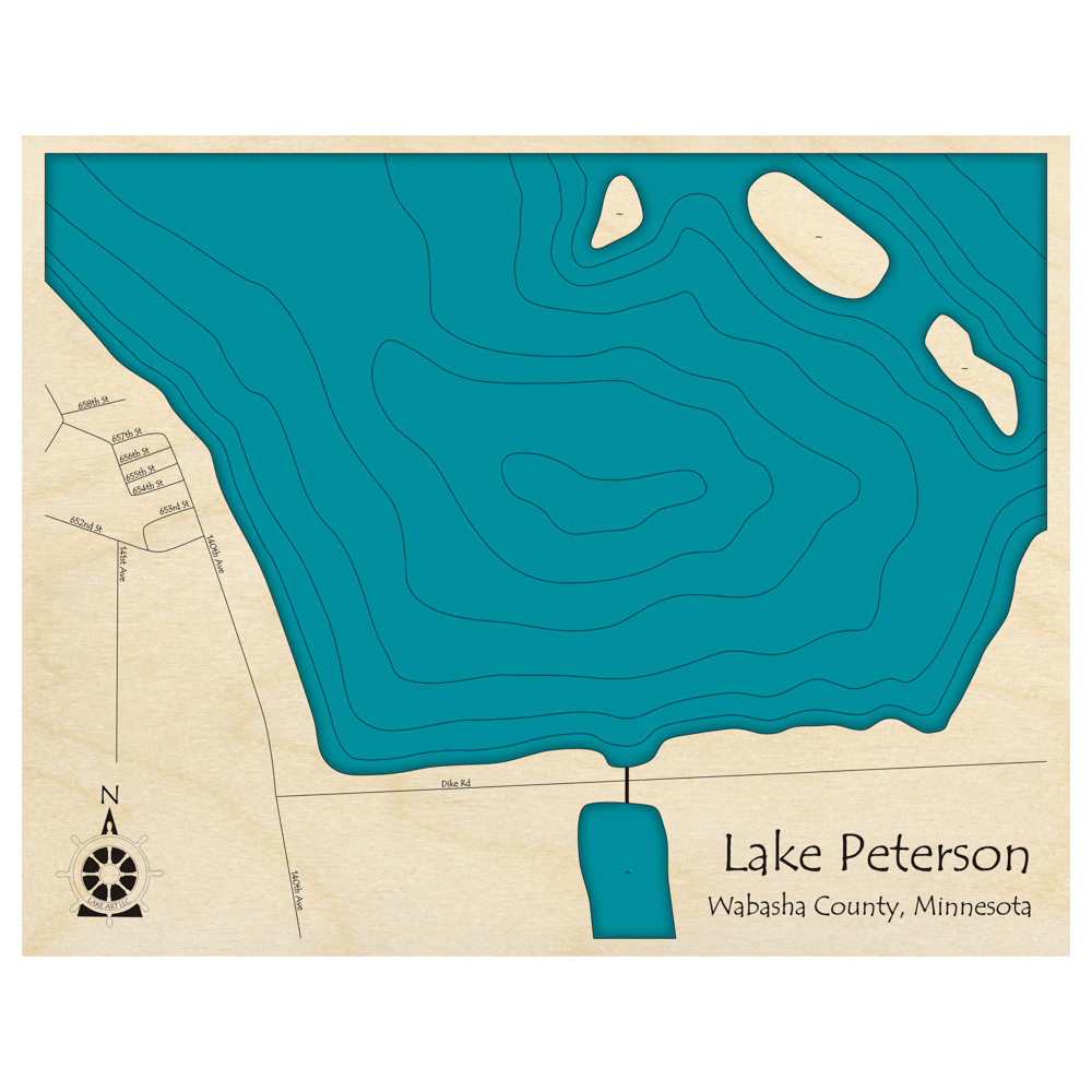 Bathymetric topo map of Lake Peterson, MN with roads, towns and depths noted in blue water.