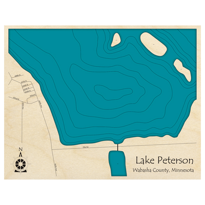 Bathymetric topo map of Lake Peterson, MN with roads, towns and depths noted in blue water.