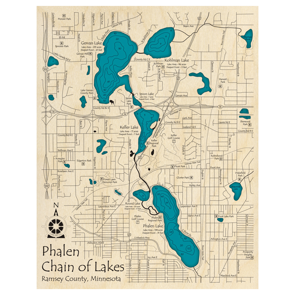 Bathymetric topo map of Phalen Chain of Lakes, MN with roads, towns and depths noted in blue water.