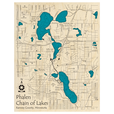 Bathymetric topo map of Phalen Chain of Lakes, MN with roads, towns and depths noted in blue water.