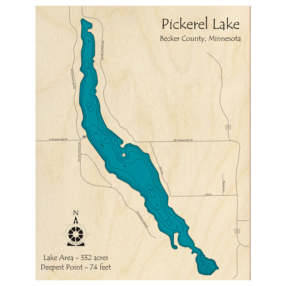 Bathymetric topo map of Pickerel Lake, MN with roads, towns and depths noted in blue water.