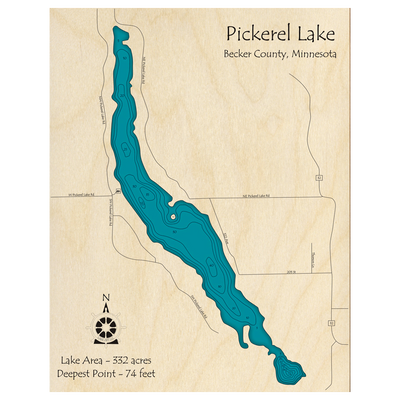 Bathymetric topo map of Pickerel Lake, MN with roads, towns and depths noted in blue water.
