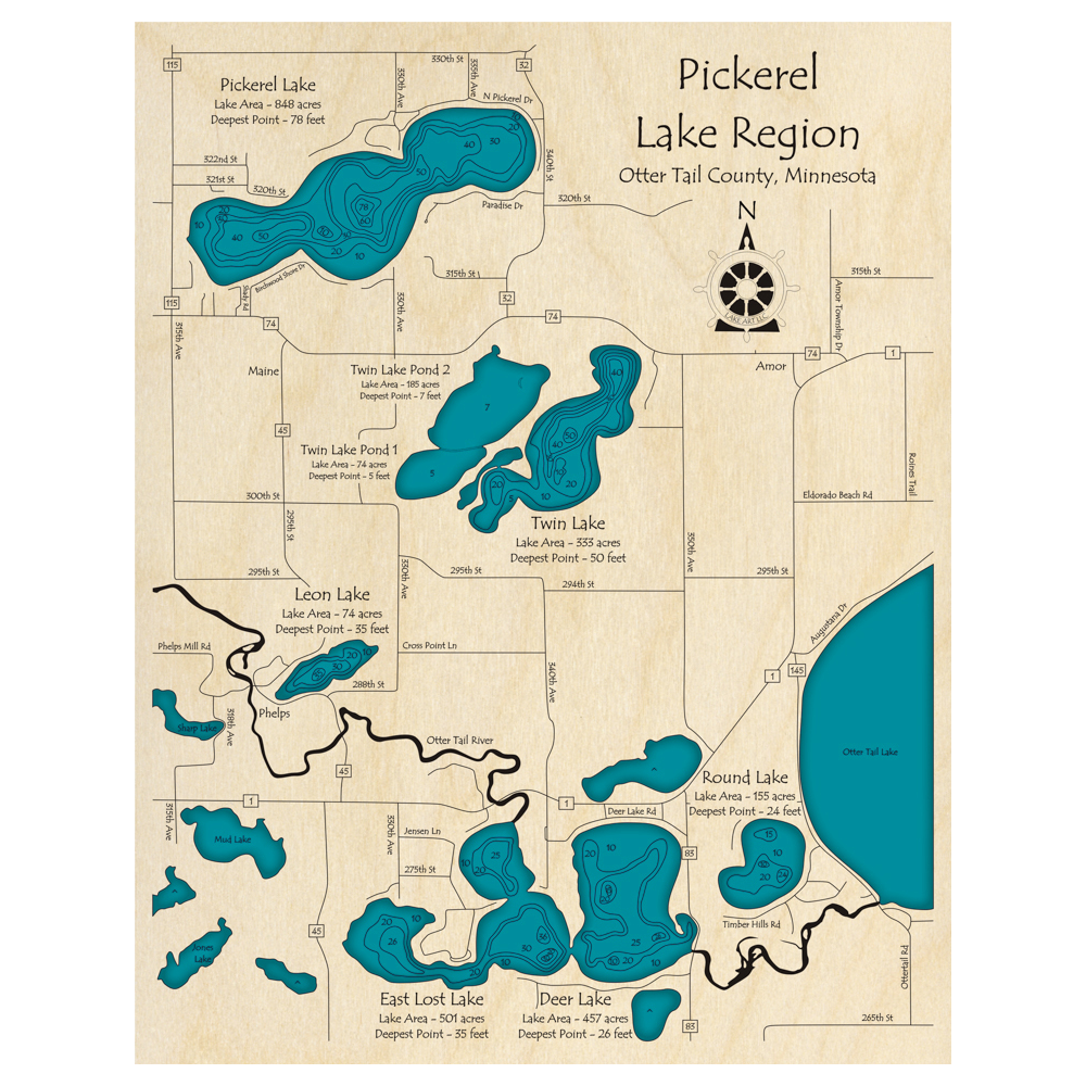 Bathymetric topo map of Pickerel Lake Region, MN with roads, towns and depths noted in blue water.