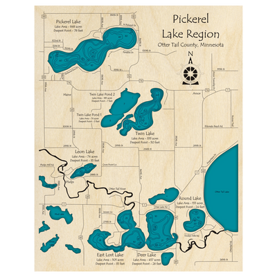 Bathymetric topo map of Pickerel Lake Region, MN with roads, towns and depths noted in blue water.