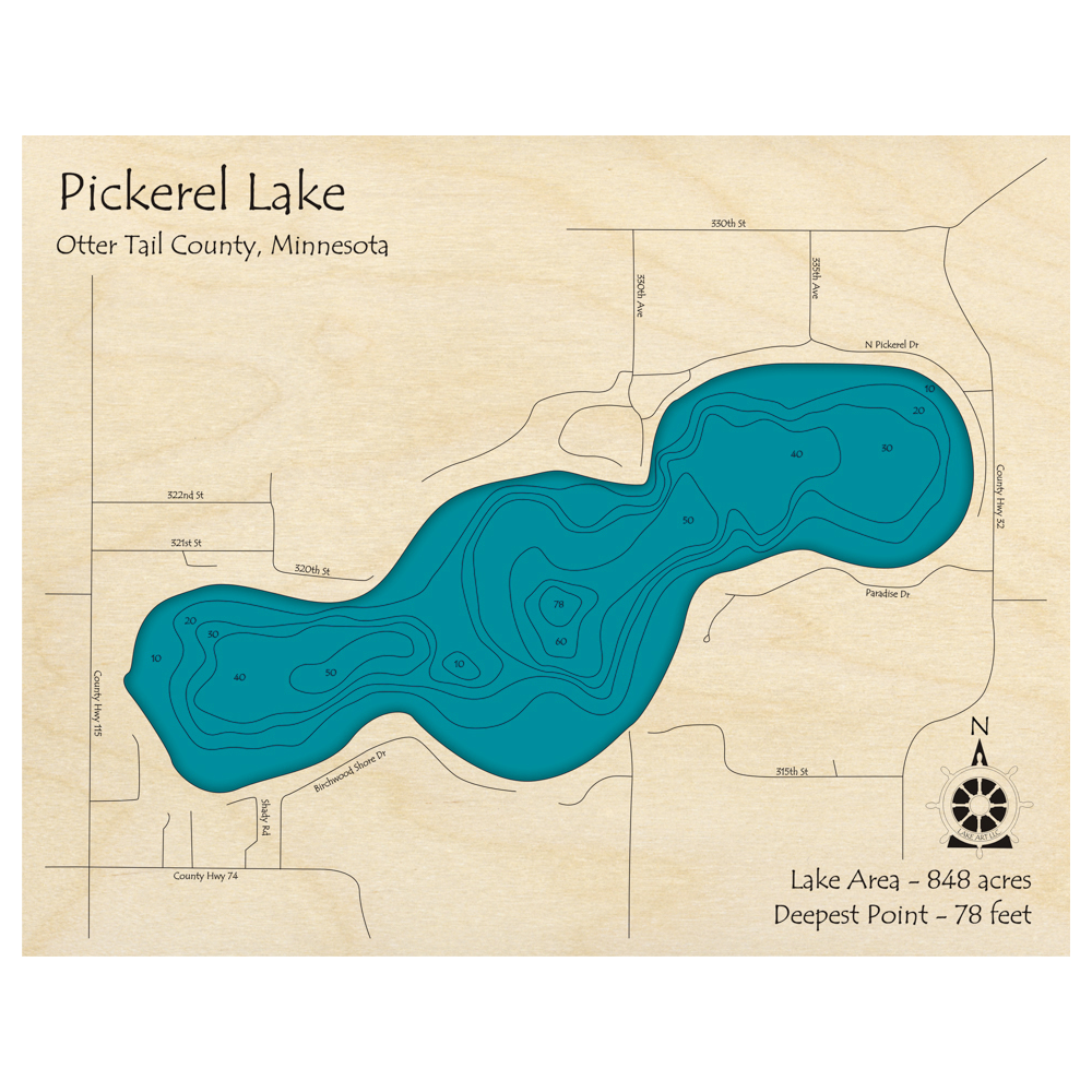 Bathymetric topo map of Pickerel Lake, MN with roads, towns and depths noted in blue water.