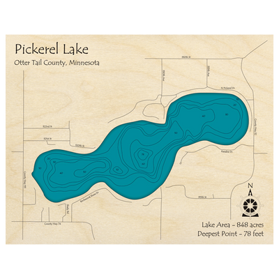 Bathymetric topo map of Pickerel Lake, MN with roads, towns and depths noted in blue water.