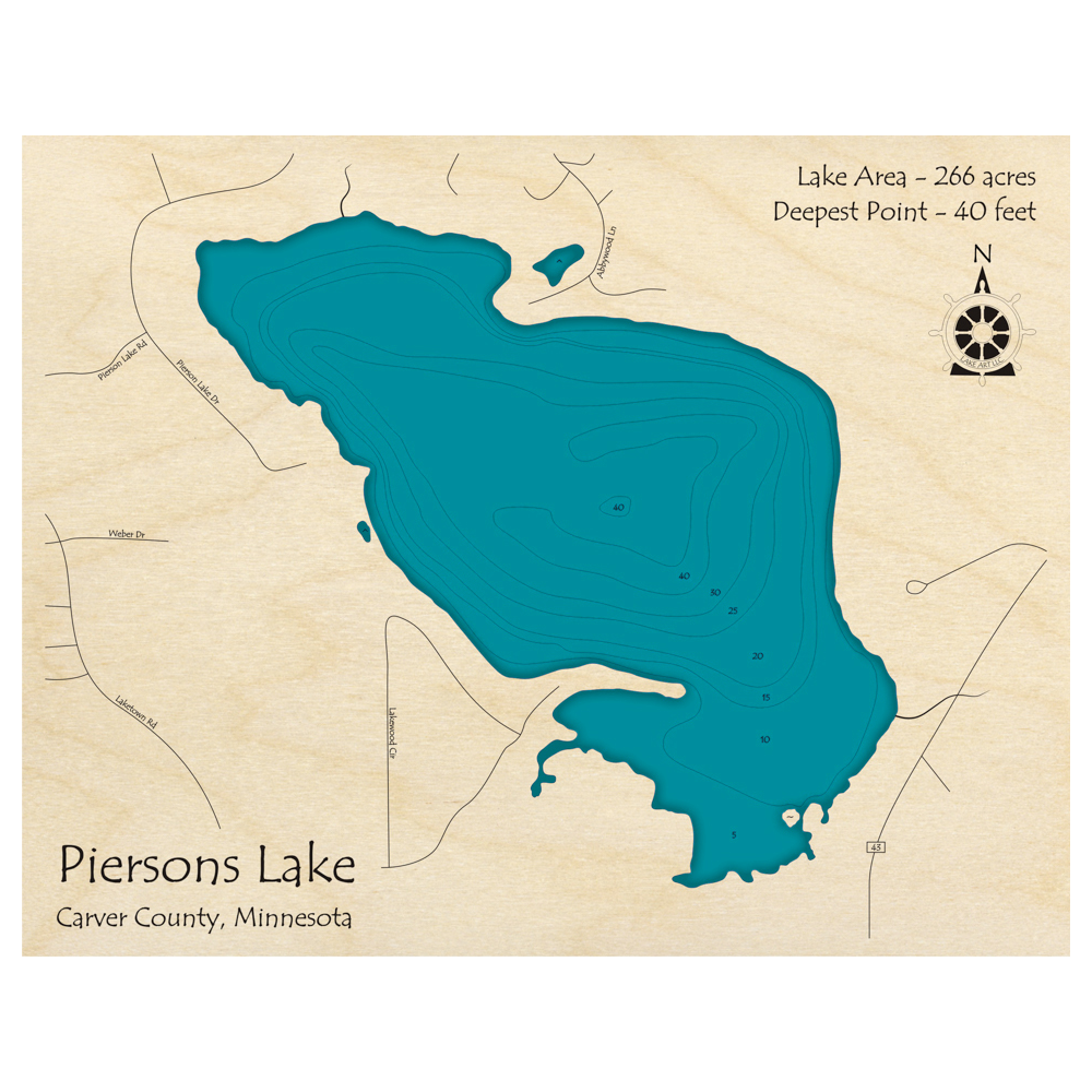 Bathymetric topo map of Piersons Lake, MN with roads, towns and depths noted in blue water.
