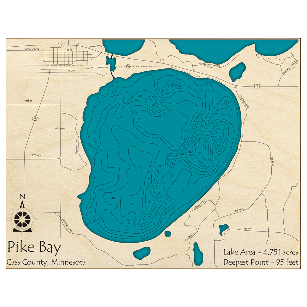 Bathymetric topo map of Pike Bay, MN with roads, towns and depths noted in blue water.