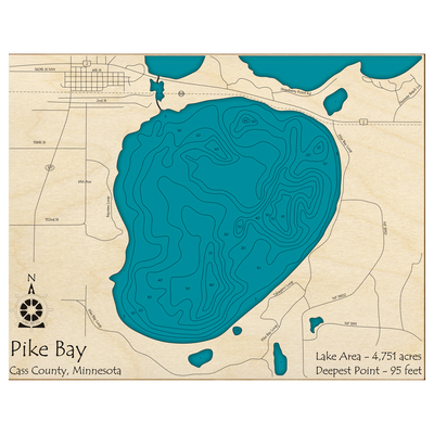 Bathymetric topo map of Pike Bay, MN with roads, towns and depths noted in blue water.