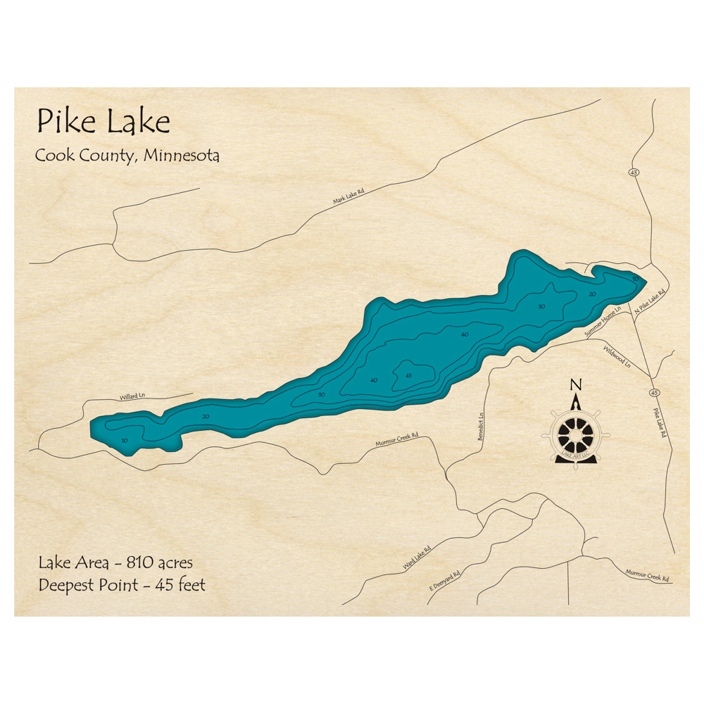 Bathymetric topo map of Pike Lake, MN with roads, towns and depths noted in blue water.