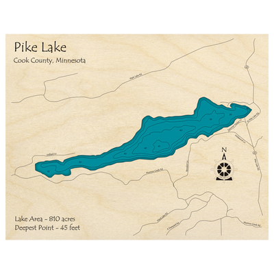 Bathymetric topo map of Pike Lake, MN with roads, towns and depths noted in blue water.