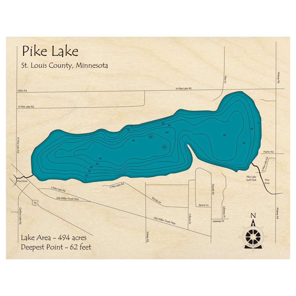 Bathymetric topo map of Pike Lake, MN with roads, towns and depths noted in blue water.