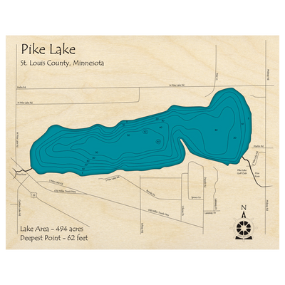 Bathymetric topo map of Pike Lake, MN with roads, towns and depths noted in blue water.