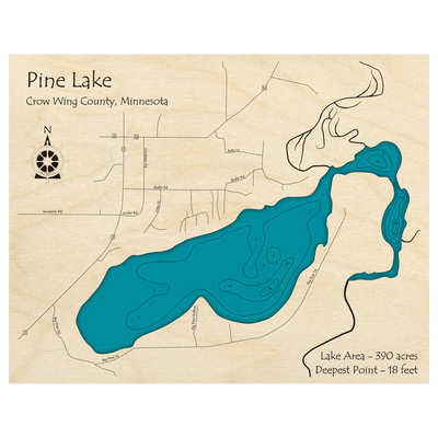 Bathymetric topo map of Pine Lake, MN with roads, towns and depths noted in blue water.