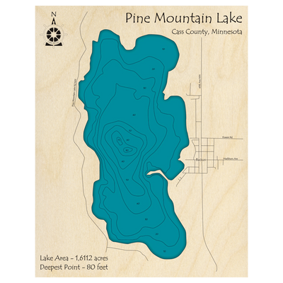 Bathymetric topo map of Pine Mountain Lake, MN with roads, towns and depths noted in blue water.