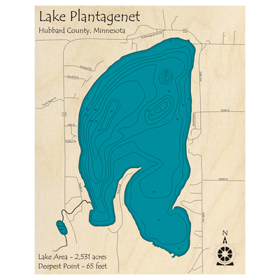 Bathymetric topo map of Lake Plantagenet, MN with roads, towns and depths noted in blue water.