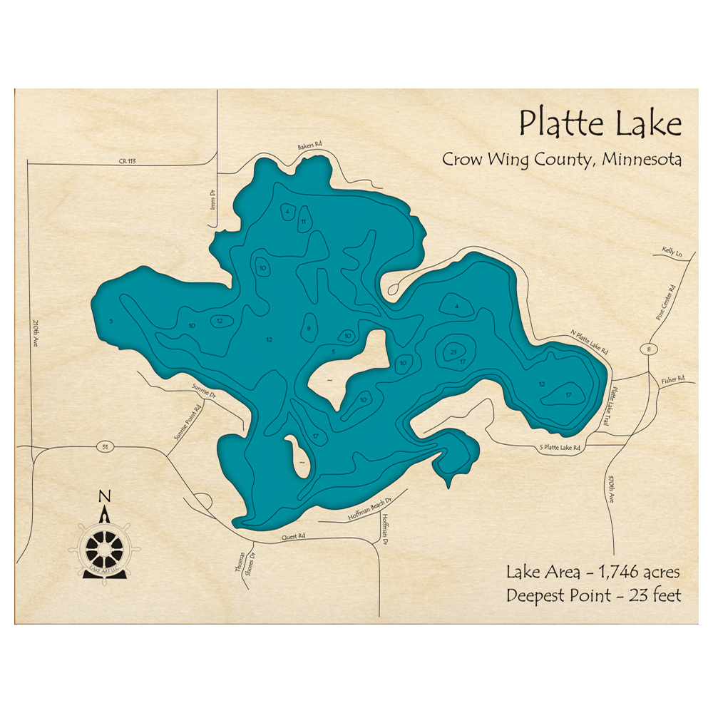 Bathymetric topo map of Platte Lake, MN with roads, towns and depths noted in blue water.