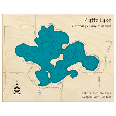 Bathymetric topo map of Platte Lake, MN with roads, towns and depths noted in blue water.