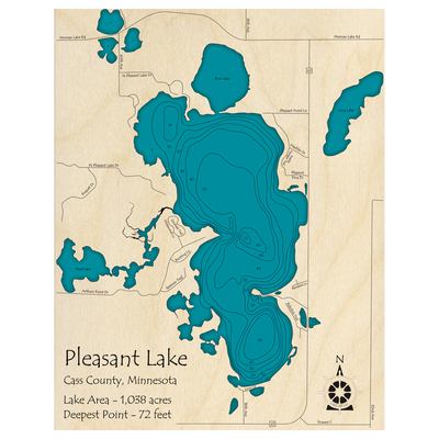 Bathymetric topo map of Pleasant Lake, MN with roads, towns and depths noted in blue water.