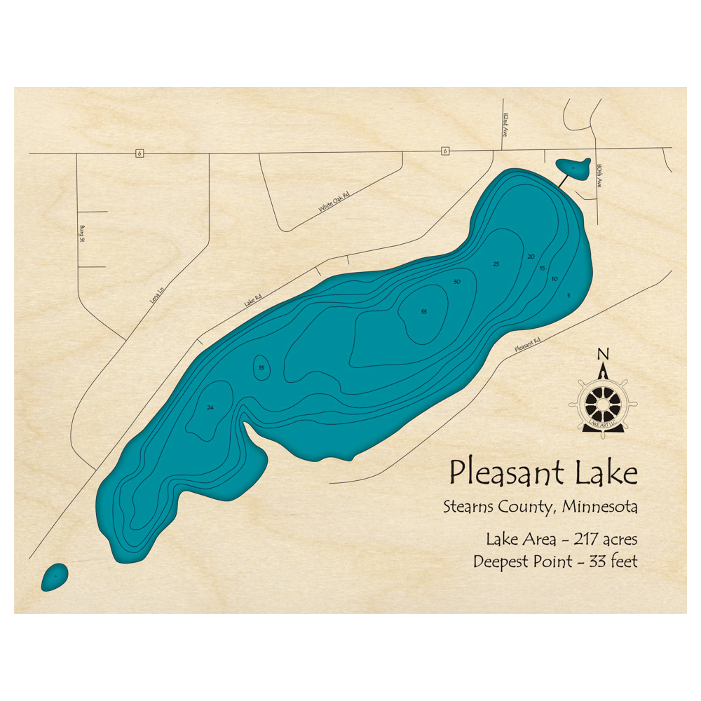 Bathymetric topo map of Pleasant Lake, MN with roads, towns and depths noted in blue water.
