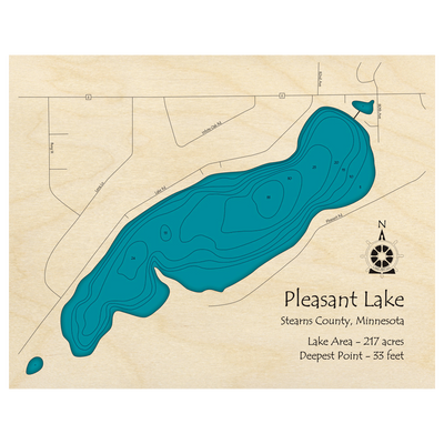 Bathymetric topo map of Pleasant Lake, MN with roads, towns and depths noted in blue water.