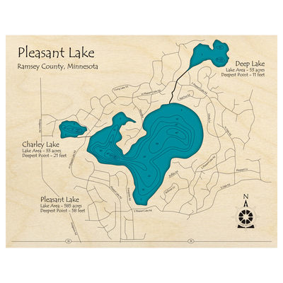 Bathymetric topo map of Pleasant Lake, MN with roads, towns and depths noted in blue water.