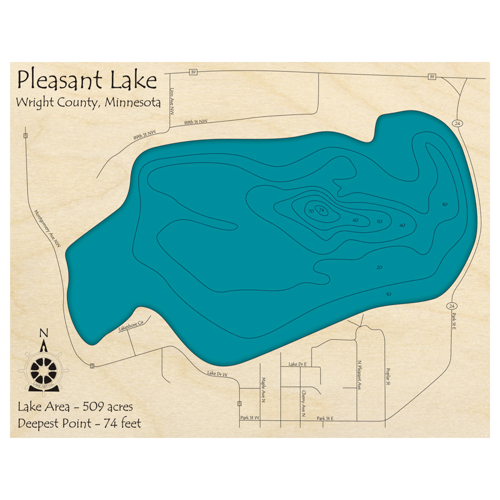 Bathymetric topo map of Pleasant Lake, MN with roads, towns and depths noted in blue water.