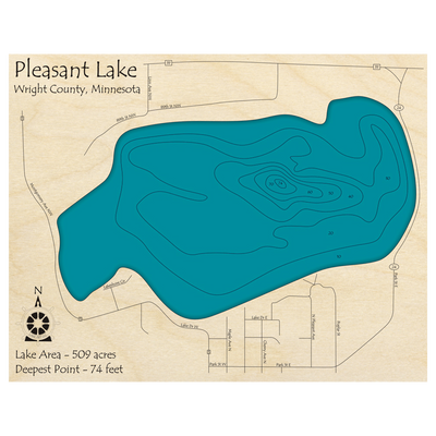 Bathymetric topo map of Pleasant Lake, MN with roads, towns and depths noted in blue water.