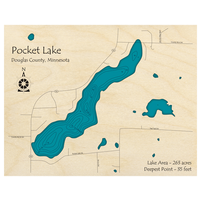 Bathymetric topo map of Pocket Lake, MN with roads, towns and depths noted in blue water.