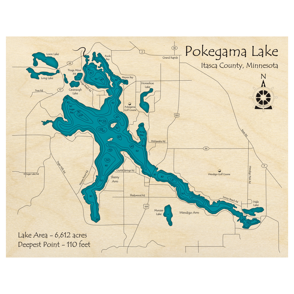 Bathymetric topo map of Pokegama Lake, MN with roads, towns and depths noted in blue water.