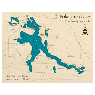 Bathymetric topo map of Pokegama Lake, MN with roads, towns and depths noted in blue water.