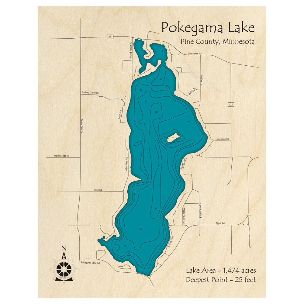 Bathymetric topo map of Pokegama Lake, MN with roads, towns and depths noted in blue water.