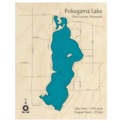 Bathymetric topo map of Pokegama Lake, MN with roads, towns and depths noted in blue water.