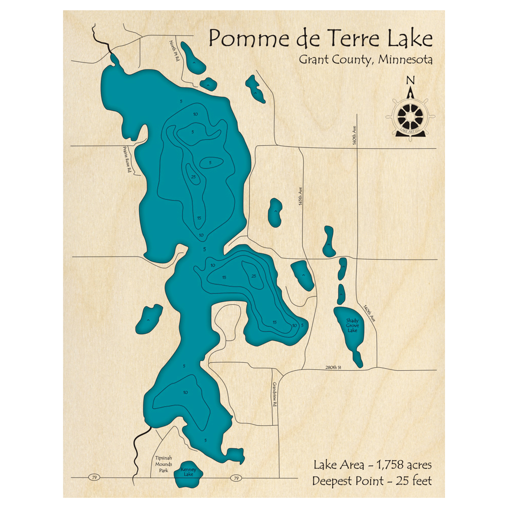Bathymetric topo map of Pomme de Terre Lake, MN with roads, towns and depths noted in blue water.